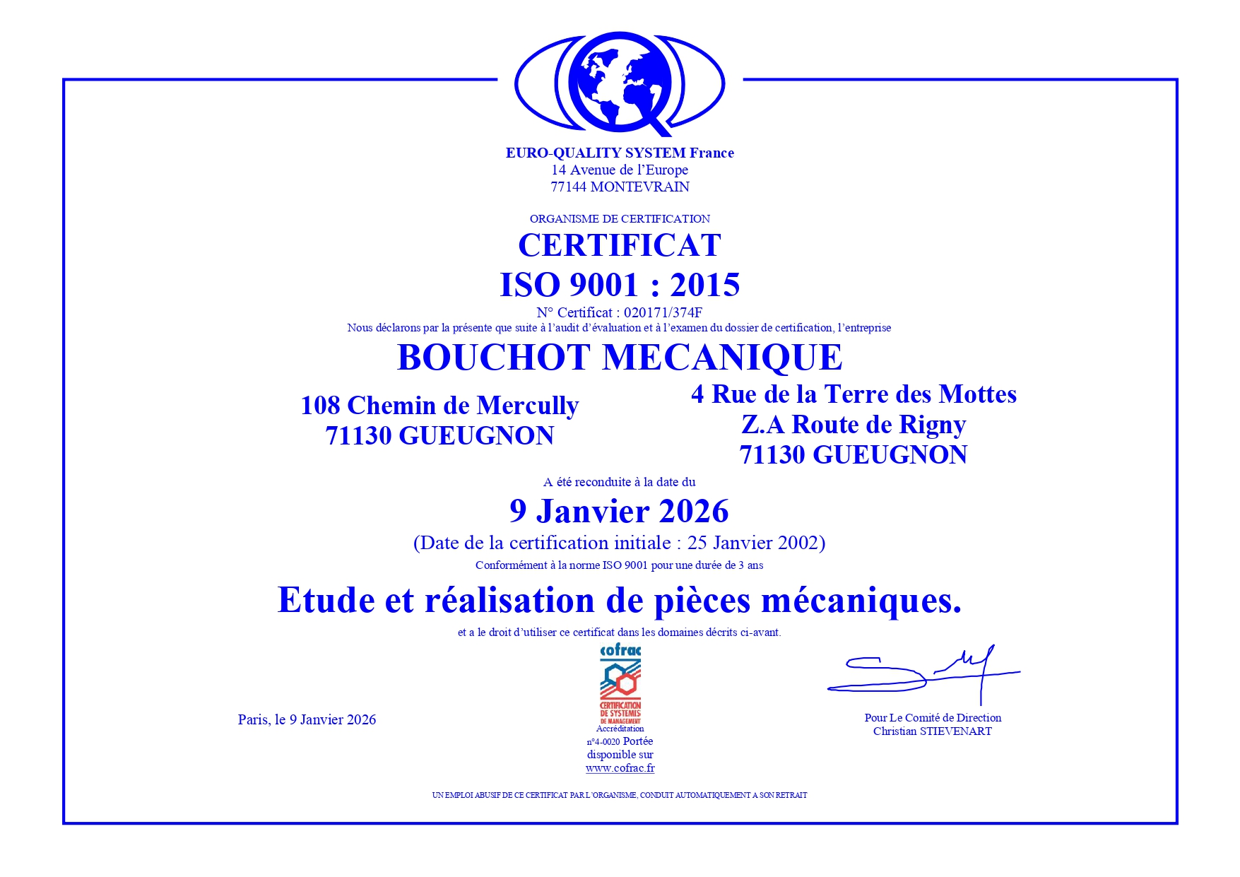 BOUCHOT-CERTIFICAT ISO 9001-validité 09-01-2029_page-0001 Certificat ISO9001 obtenu par Bouchot Mécanique en 2023, pour la qualité du management.